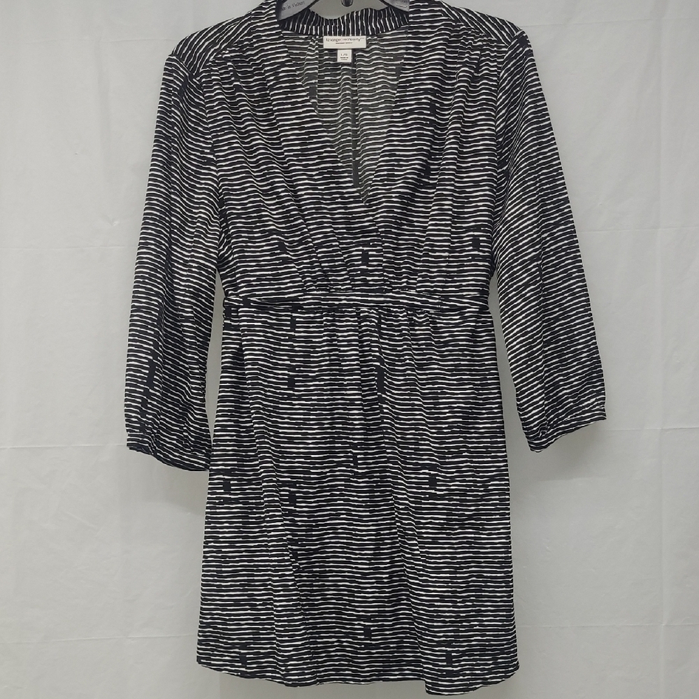 Liz Lange Maternity Tunic Top Large Black White Striped V Neck Belted Empire Wst